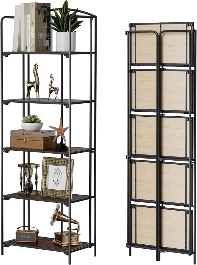 Crofy 5-Tier Foldable Bookshelf, Black Frame & Walnut Shelves | No-Assembly Collapsible Portable Storage Organizer; Sturdy Walnut Finish Shelves; Ideal for Living Room & Home Office
