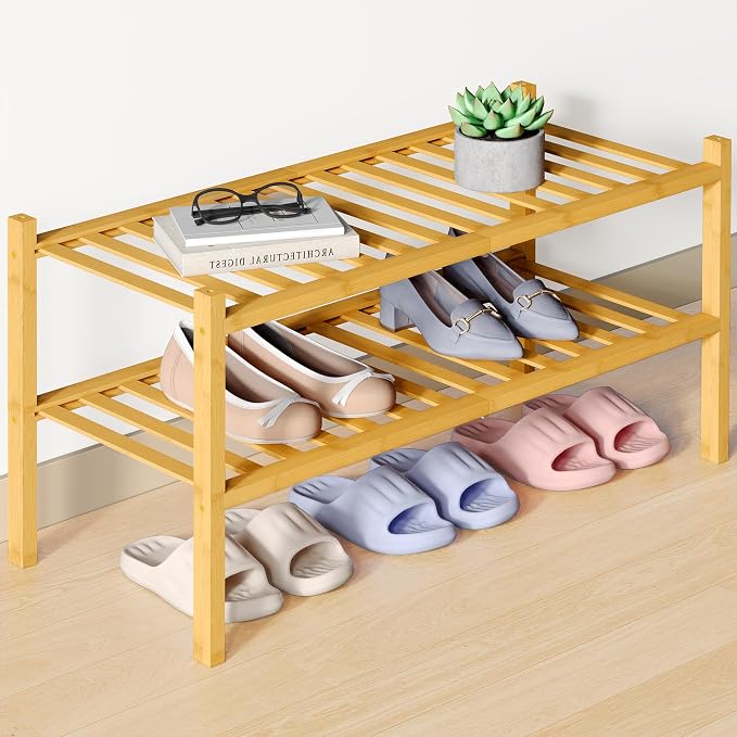 Smiry Bamboo Shoe Rack for Closet, 2 Tier Wooden Shoe Organizer, Stackable Wood Shoe Storage Shelf for Entryway, 14 Vertical Slats, One-piece Heavy-Duty Legs, 26.77"x11.02"x12.99", Natural