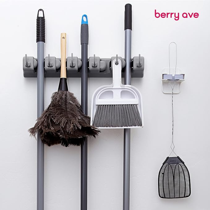 Combo 5 Slot Broom Holder w/ 1 Self Adhesive Mop Gripper No-Drilling, Wall Mount Tool Organizers For Kitchen, Garage, Laundry Room- Anti-Slip Hanger For Brooms, Mops, Rakes, Dustpans (Grey / White)