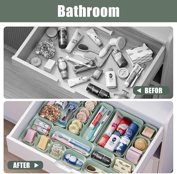Drawer Organizers Bins 10 PCS for Bathroom Makeup Desk Office | with Non-slip Pads, 3 Sizes, Plastic Tray, Vanity Organizer, Kitchen Utensils Organizer
