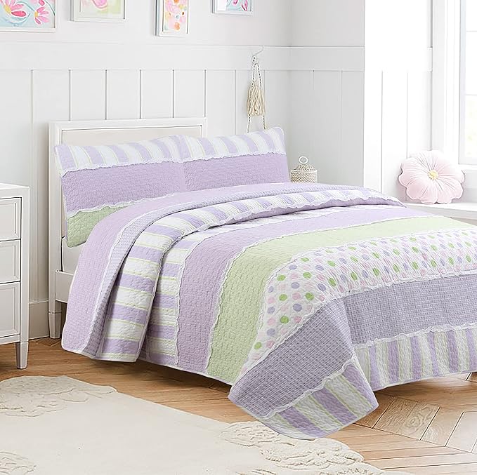 Cozy Line Lavender Green Stripe & Purple Dots Quilt Set – 3-Piece 100% Cotton Reversible All-Season Bedspread with Shams, Girls Kids Bedroom Décor, Queen