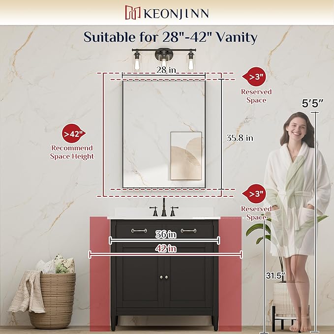 Keonjinn Brushed Nickel Bathroom Mirror for Wall 28 x 36 in, Rectangular Metal Framed Silver Mirror for Vanity Square Corner Aluminum Alloy Rectangle Modern Mirror for Over Sink(Horizontal/Vertical)