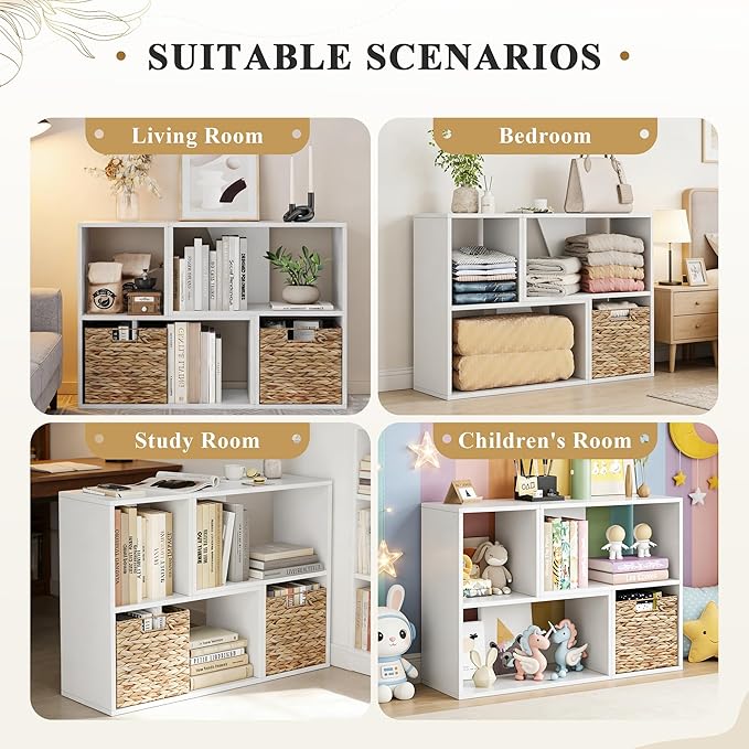 MapleGrace 6 Cube Storage Organizer, Wooden Storage Shelves Bookcase with Back Panels, Stackable Display Bookshelf Includes 2 Wicker Baskets for Living Room, Bedroom, Study, Hallway, White