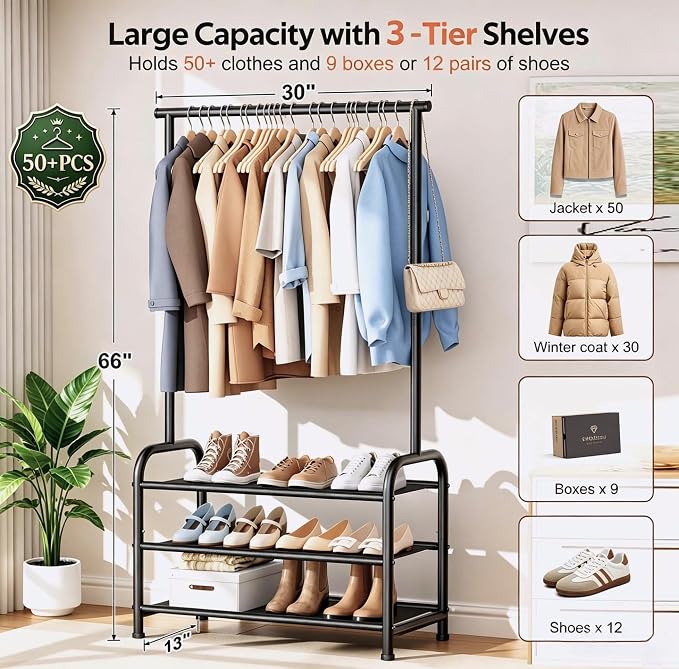 MISSLO Sturdy Clothing Racks for Hanging Clothes with 3 Shelves Garment Rack Heavy Duty Clothes Rack with Shoe Storage for Coats, Garment, Dress, Black