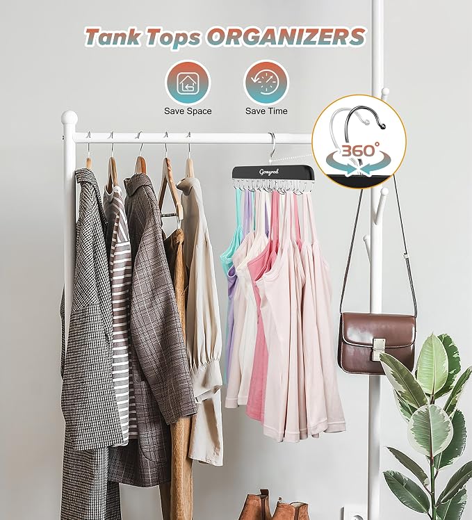 Gomyrod Tank Top Hanger, 2 Pack w/40 Hooks Bra Hanger for Closet Organizer | Premium Wood Space Saving Hanger, 360°Rotating Closet Organizers and Storage, Multi Hook Hanger for Dorm & Apartment, Black