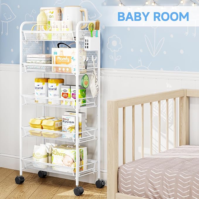 5 Tier Metal Rolling Utility Cart - Heavy Duty Storage Trolley with Pegboard, 4 Hooks & 1 Bin, Mobile Organizer Shelves for Bathroom Kitchen Office Craft Room Laundry, White