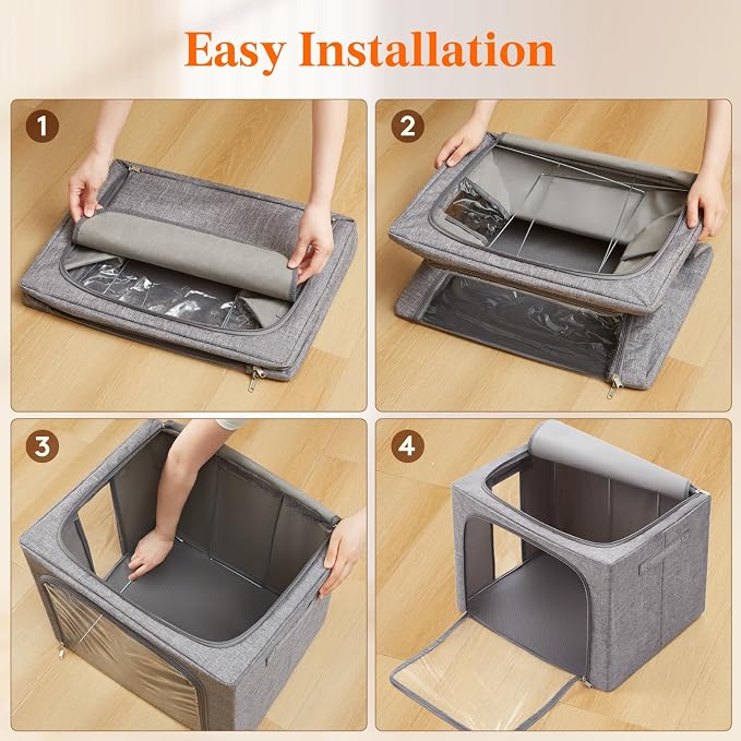 Lifewit Clothes Storage Bins with Metal Frame, Stackable Storage Box, Foldable Clothing Storage Bins with Lids, 75L Storage Bags Fabric Box Organizer with Clear Window＆ Zippers＆ Sturdy Handles 3 Pack