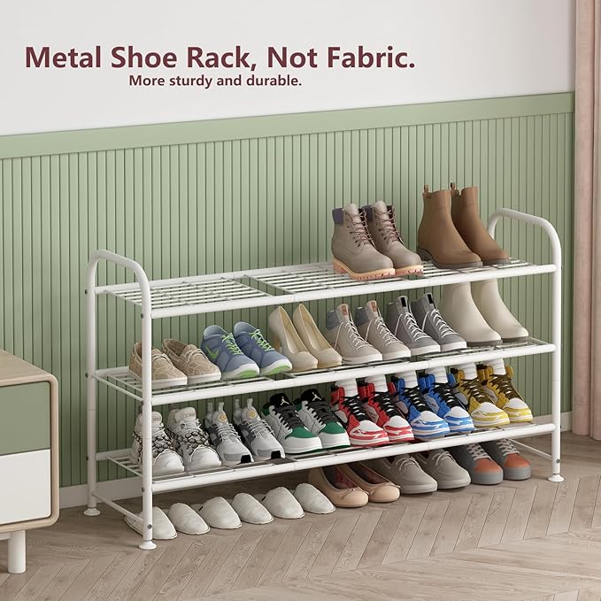 LINZINAR 3 Tier Long Shoe Rack for Closet Metal Shoe Organizer for Entryway | Spacious design stores 20+ pairs of shoes,durable metal frame,space-saving organizer for closet, hallway, and Entryway White