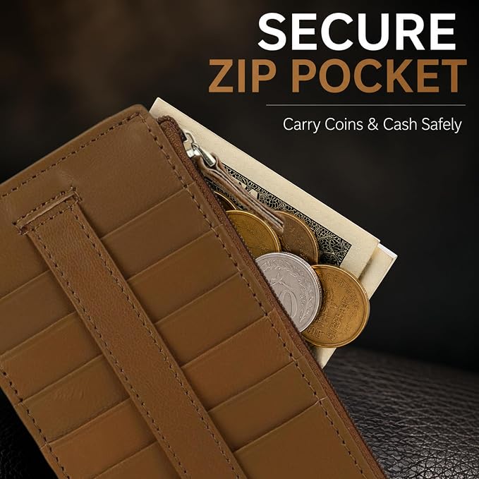 All in One Card Case Holder Slim Wallet With a Card Protection Strap by Leatherboss (Tan)