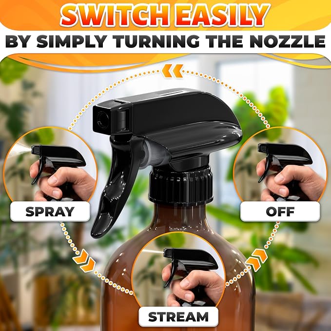 4 Pack Spray Nozzle for Bottles, Trim-to-Fit Tube; Plastic (Black) | Spray Bottle Nozzle Replacement; Fits 8 and 16 Oz; Trigger Sprayer with Mist, Stream & Off Modes; for Cleaning and Garden