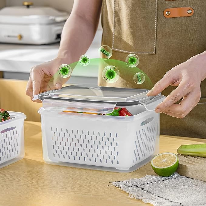 5 PCS Fruit Storage Containers for Fridge, Leakproof Produce Containers | For Fridge with Removable Colander, Microwave/Dishwasher Safe Fruit Washing Bowl Keep Fruits, Vegetables, Berry Fresh longer