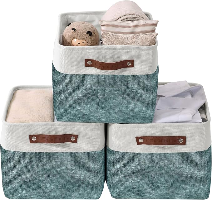 DECOMOMO Storage Bins, Large Fabric Storage Baskets for Shelves, Decorative Linen Closet Organizer, 15 x 11 x 9.5 inches (Green & White, 3 Pack)