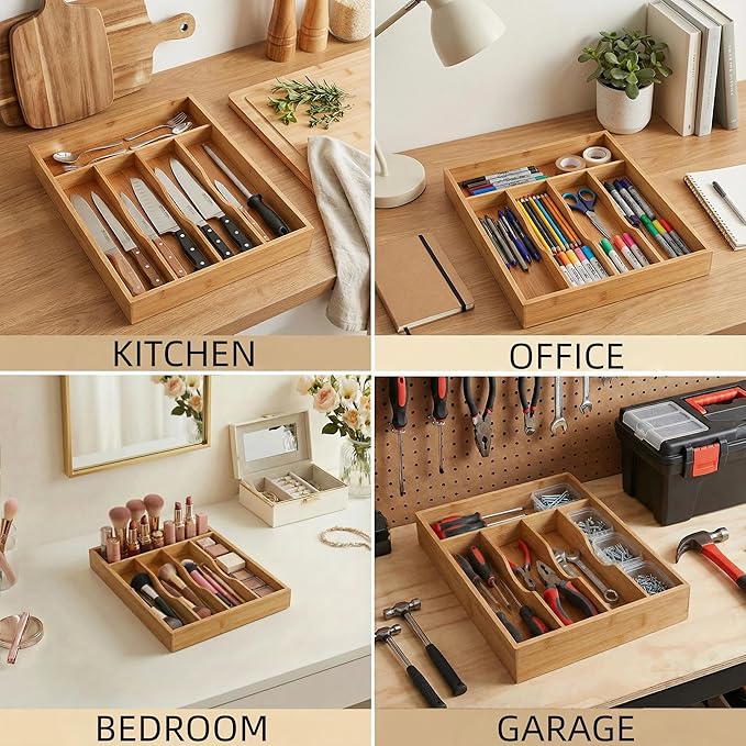 Bamboo Drawer Organizer - Kitchen Utensil Holder, 5 Slots Silverware Drawer Organization, Kitchen Wooden Tray for Cutlery, Flatware & Stationery - Natural
