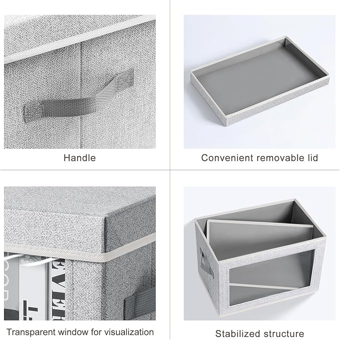 Homsorout Storage Box with Lids - 5 Pack Foldable Clear Window Storage Bins, Large Decorative Storage Bins with Handles, Storage Containers for Clothes, Towel, Blanket, Sheet, Light Grey