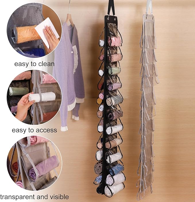 Legging Organizer for Closet Hanging 20 Pockets, Clear Hanging Legging Organizer Closet, Oxford Cloth Legging Storage for Wardrobe Behind Door (2Pack*Gray)