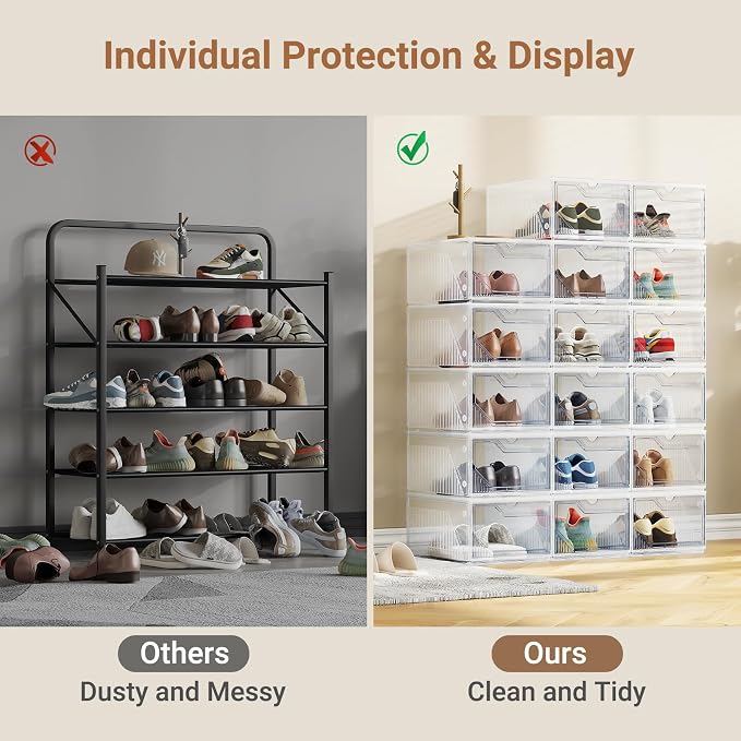 XX-Large Shoe Sneaker Storage Boxes for Size 14, Stackable & Thicken Clear Plastic Shoe Organizers 1Pack for Entryway Closet Under Bed, Shoe Storage Cabinets Container Display Case w/ Magnetic Door
