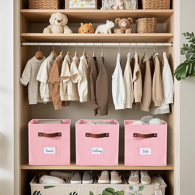 DECOMOMO Storage Bins, Cube Storage Bin with Labels, Fabric Storage Cubes for Shelves (10.5" x 11" / 6pcs, Pink)