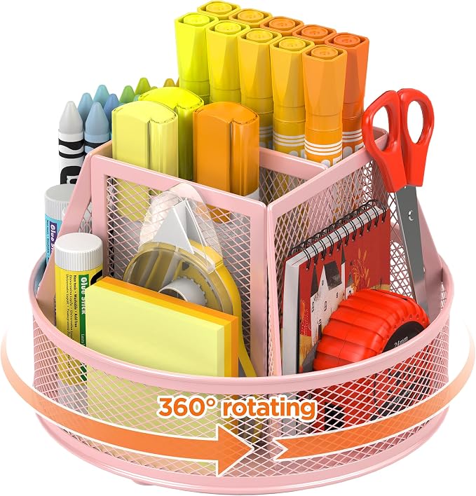 Docnest 360°Rotating Mesh Desk Organizer,6-Compartment Pen Holder,Pink | Heavy-duty metal holder with removable divider. Space-saving stationery storage for pencils, scissors & markers