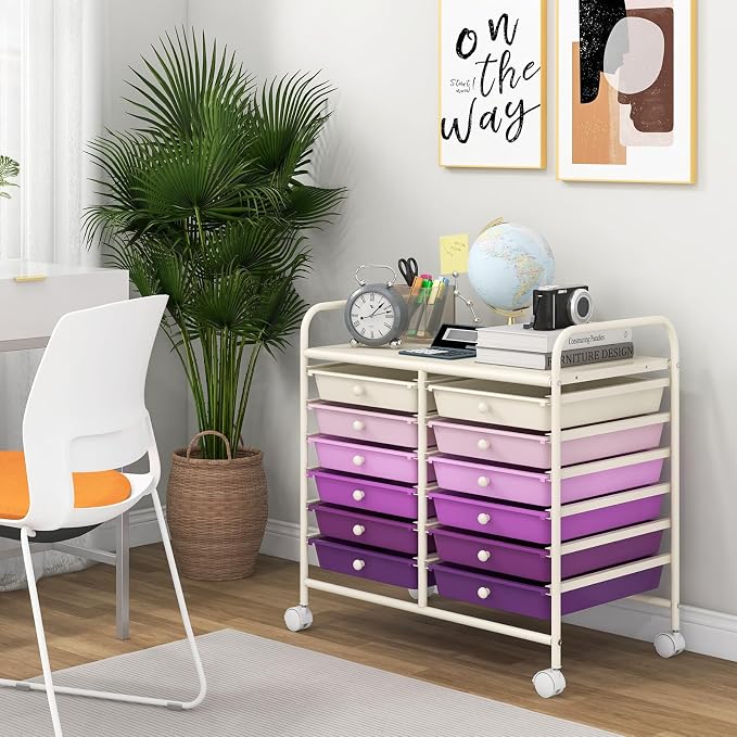 LDAILY 12 Drawer Rolling Storage Cart, Craft Cart Organizer on Wheels w/Metal Frame, Large Capacity & Smooth Drawer, Rolling Cart w/Drawers for Classroom, Office