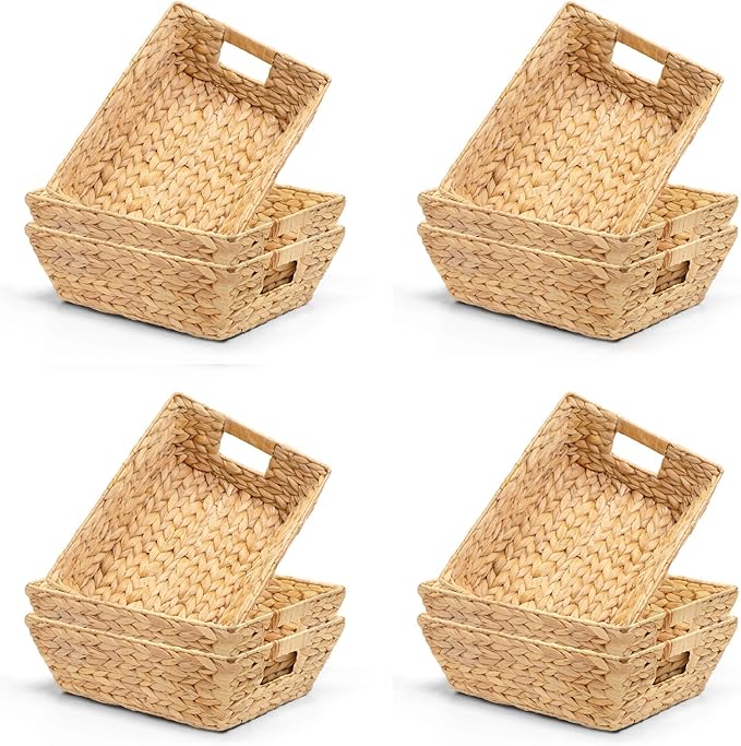 M4DECOR Set of 12 Water Hyacinth Wicker Storage Baskets for Shelves – Woven Snack Baskets for Organizing Pantry, Closet – Natural Storage Bins with Handles (12 Packs)