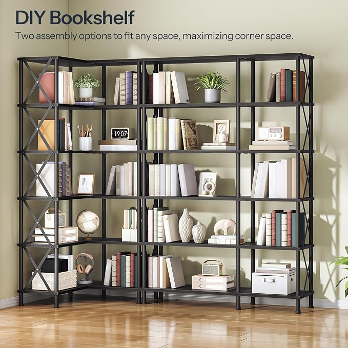 HOOBRO Corner Bookshelf, 6-Tier L-Shaped Bookcase, Industrial Open Display Shelf Tall Storage Organizer, Vertical Storage Rack, for Living Room, Home Office, Black BB61SJ01