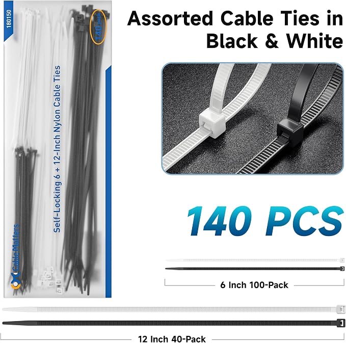 Cable Matters 140-Pack Cable Ties, 6/12 Inches, Black and White | Indoor and Outdoor, Self-Locking Nylon Zip Ties, Assorted Sizes, Tie Wraps for Multiple Use