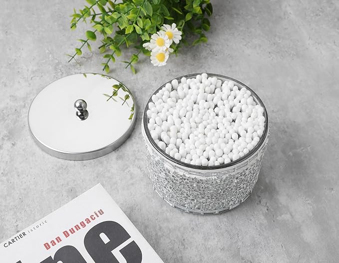 Qtip Holder with Lid, Cotton Swab Holder, Bathroom Container, Cosmetics Makeup Accessories Storage for Makeup Sponge Bath Salts Storage Christmas Birthday, Silver