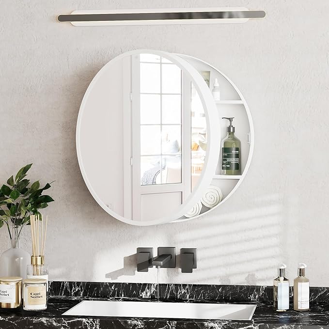 20'' Round Medicine Cabinet with Mirror, Modern Bathroom Vanity Mirror Cabinet with Storage Shelf, Circular Wall Mount Mirrored Cabinet, Farmhouse Medicine Cabinet for Home, Bathroom(White)