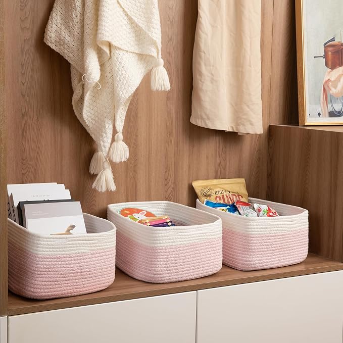 OIASKET Storage Baskets for Organizing 3 Pack, Woven Baskets for Shelves, Closet Organizer Bins Empty Gift Basket Toy Storage for Toys, Books, Towels, Clothes, 15"x11.42"x6.7", Pink