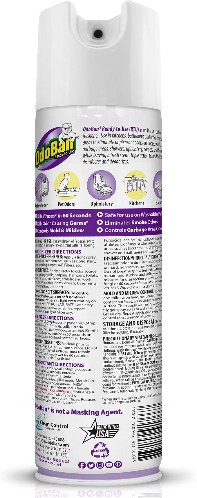 OdoBan Ready-to-Use 360-Degree Continuous Spray Disinfectant & Harsh Aroma Eliminator, Fabric and Air Freshener, Made in the USA, Lavender Scent, 14.6 Ounces