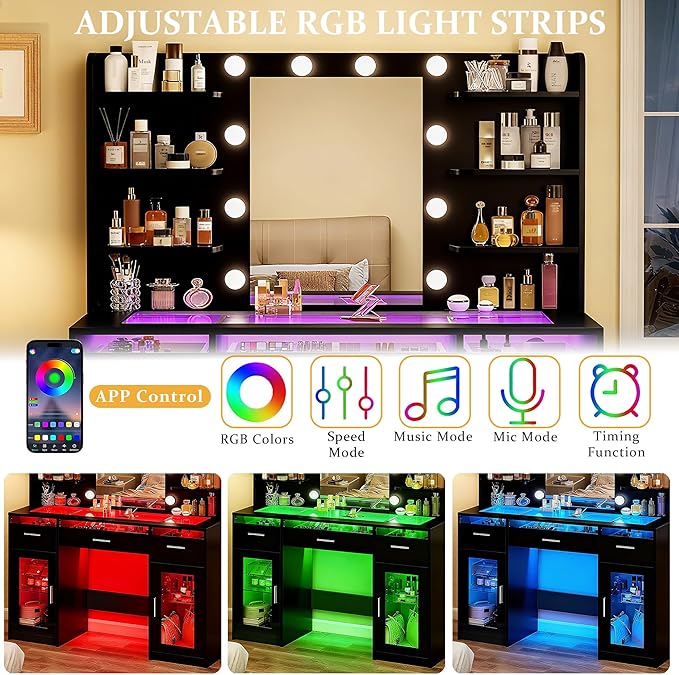 HUAHUU Vanity Desk, Makeup Vanity Desk with Mirror and Lights 3 Colors, Transparent Top with 3 RGB Drawers, 6 Shelves, 2 Large Tempered Cabinets, Power Outlet, for Bedroom, Black