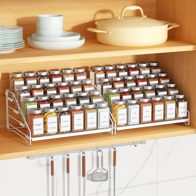 BOIVSHI Spice Organization for Cabinet, Spice Rack Organizer, Spice Rack Organizer for Cabinet, Depth Adjustable Seasoning Organizer Organizer for Cabinet, Countertop, Pantry, Metal, White (2 Pack)