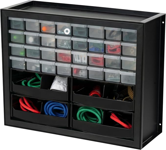 IRIS USA 32-Drawer Organizer with 4 Bins and Dividers, Made in USA, Screw Organizer, Garage Tool Organization, Multi Drawer and Bins For Small Parts, Electronics, Building Blocks, Black