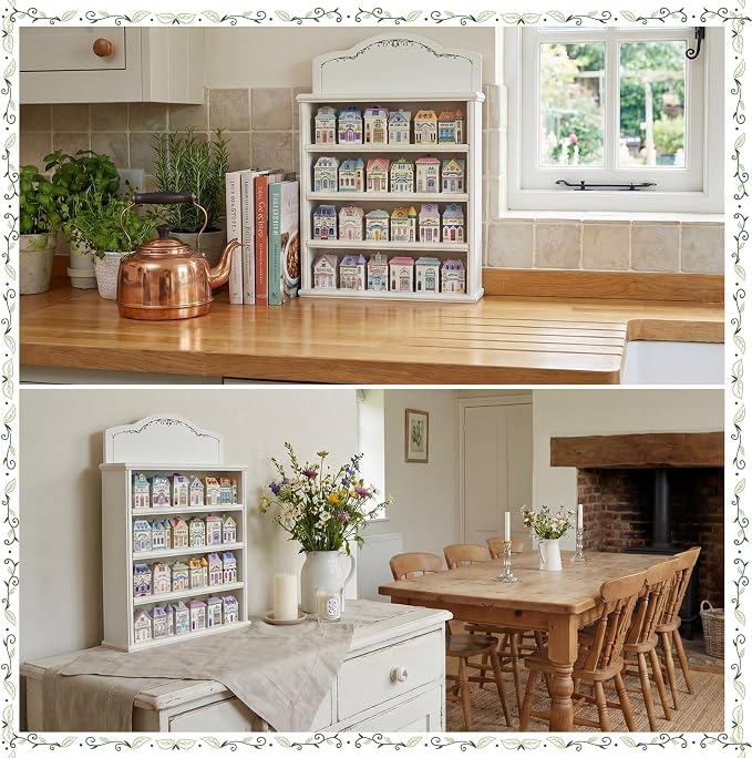 Chunful Vintage Spice Jar Wooden Rack White with Vines in Green Color Spice Shelf for 24 Jars, Village Style Wall Mounting Kitchen Storage Decorative Hanging Display Rack, Shelf Only