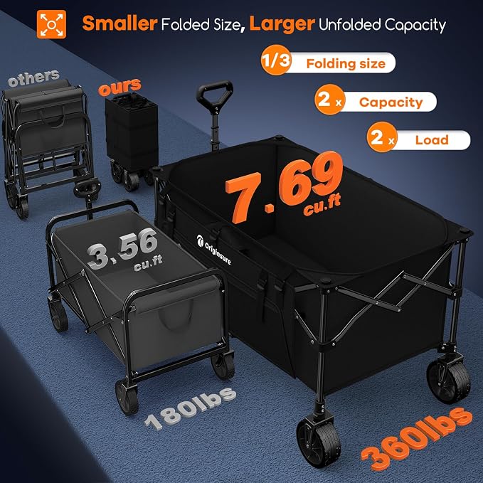 Originsure 220L Collapsible Wagon Cart Foldable, 38" L Extra Large Heavy Duty Folding Beach Wagons with All-Terrain Wheels, Utility Carts for Camping, Sports, Shopping, Groceries - Black