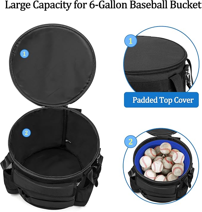 DSLEAF Baseball & Softball Bucket Bag for 6 Gallon Bucket, Bag Only | Softball Bucket Cover with Multi Pockets, Large Zipper for Easy Access, Portable Handle for Easy Carrying