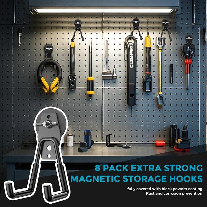 8Pcs Large Magnetic Hooks Heavy Duty, Strong Magnet Storage Hooks | Industrial Neodymium Magnet, Big Magnetic Utility Holder for Hanging Power Drill Garden Tools Garage Pegboard Workshop Broom