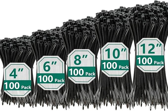 MasiStran 500 PCS Zip Ties Assorted Sizes 4+6+8+10+12 Inch Self-locking Nylon Cable ties Outdoor, UV Resistant Wire Straps for Home Office Garden Workshop Indoor Outdoor Fence(Black)