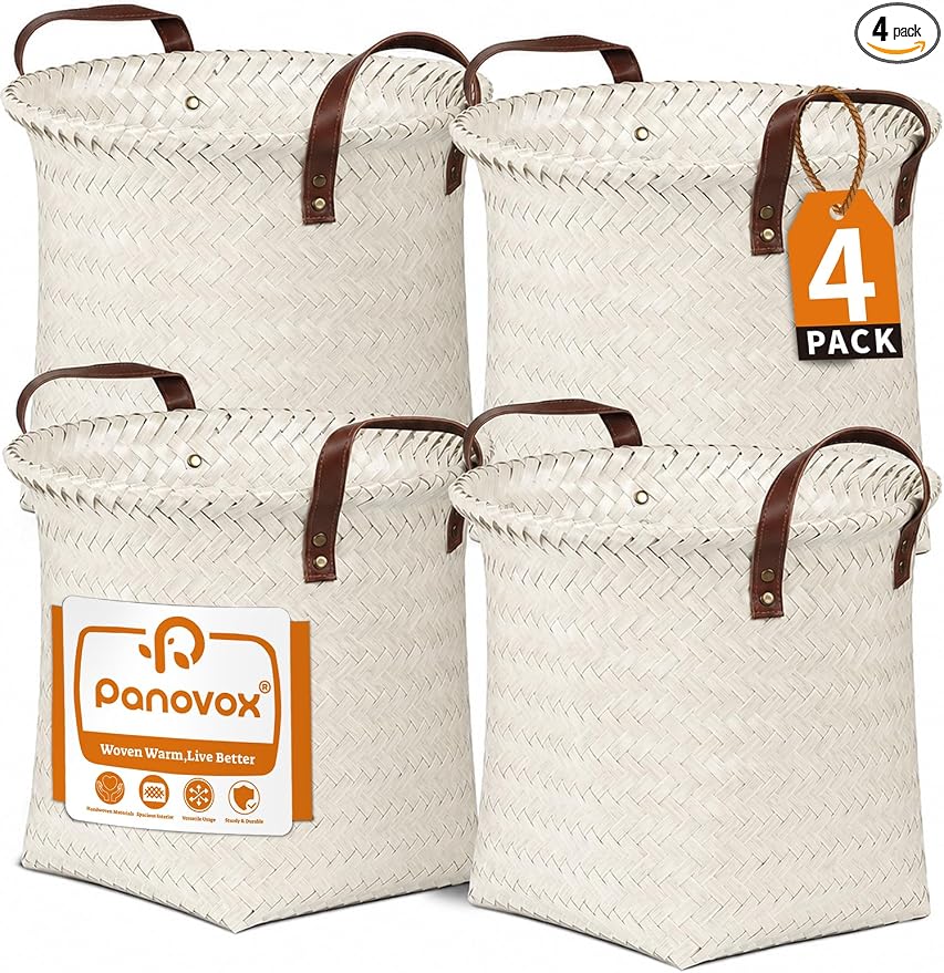Hand Woven Baskets for Storage, 4Pcs Water-Resistant Wicker Baskets, White Wicker Storage Baskets for Shelves, Large Basket with Handle for Organizing, Closet, Laundry, Blanket - Round
