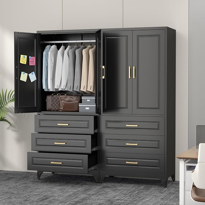 Polup Metal Armoire Wardrobe Closet with Three Drawers, 71“ Tall Large Wardrobe Cabinet with Doors and Hanging Rod, Freestanding Steel Clothes Cabinet for Bedroom, Office, Laundry Room, Black