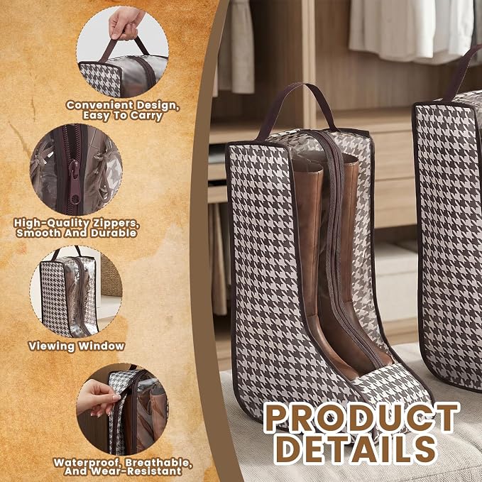 4 Pcs Boot Bags with Handles for Cowboy Boots Houndstooth Shoe Dust Proof | Boot Storage Organizer Tall Boots, Travel Shoes Organizer for Packing, Daily Use, Home Closet Organization