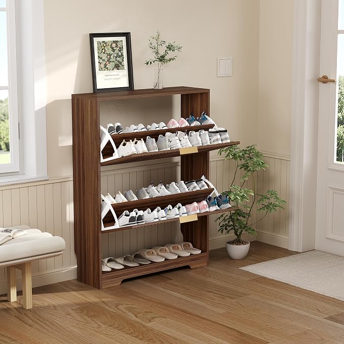 Garvee Shoe Storage Cabinet with 2 Flip Drawers,Slim Fluted Shoe Rack Cabinet with Open Storage,Wooden Hidden Shoe Rack Freestanding Narrow Shoes Organizer for Hallway, Entrance,Foyer,Walnut