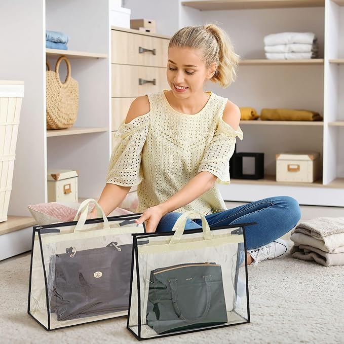 12 Packs Dust Bags for Handbags, Clear Handbag Storage, Purse Storage Organizer for Closet, Purse Cover Hanging Closet Organizer with Zipper and Handles | Purse Storage Organizer for Closet, Purse Cover Hanging Closet Organizer with Zipper and Handles