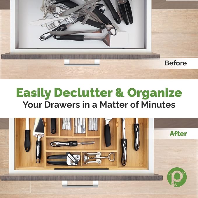 Pristine Bamboo Silverware Organizer - Expandable Kitchen Drawer Organizer - Adjustable Kitchen Drawer Organizer for Utensils, Expandable to 22 Inches Wide, 10 Compartments, Silverware Tray for Drawer | Expandable Kitchen Drawer Organizer for Utensils,...