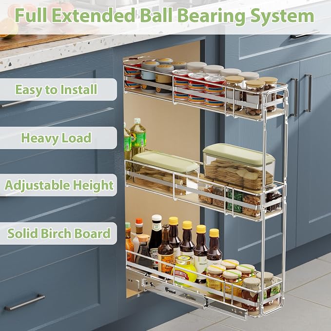 ROOMTEC 3-Tier Pull Out Cabinet Organizer Spice Rack for Narrow Cabinet 5" W x 20½" D, Slide Out Wood Shelves Storage for Kitchen