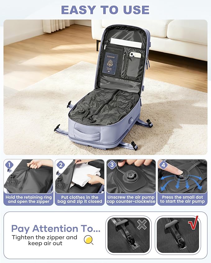 WONHOX Vacuum Seal Backpack for Travel with Air Pump 18x14x8 inches Vacpack Carry on Flight Approved Compression Daypack Laptop Space Saver Bag Storage with Vacuum System Travel Bag Women TaroPurple