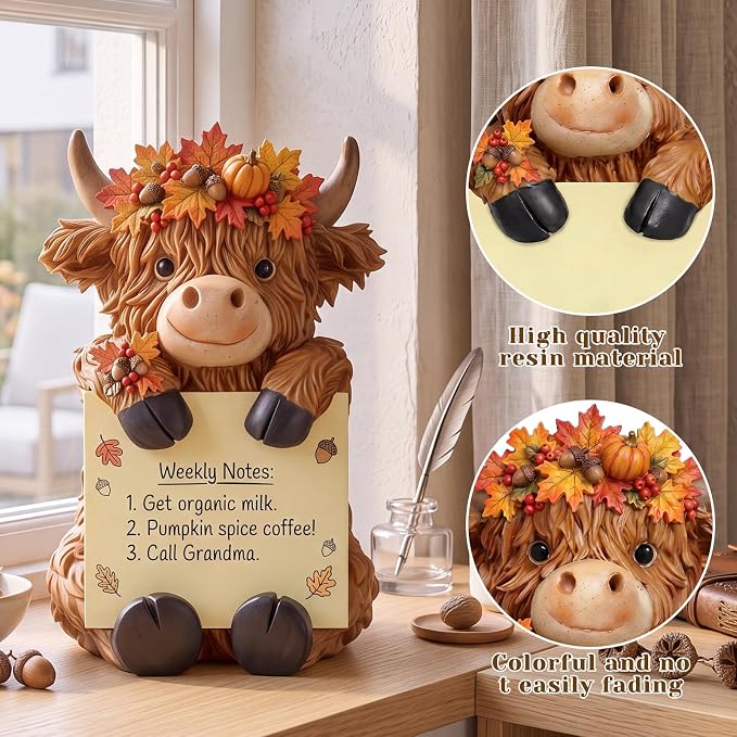 Thenshop Fall Maple Leaves Highland Cow Pop up Sticky Note Holder with Berry Pine Cone Autumn Resin Cow Dispenser with 100 Sheets 3 x 3 Inch Sticky Notes Desk Accessory for Fall Harvest Office Home
