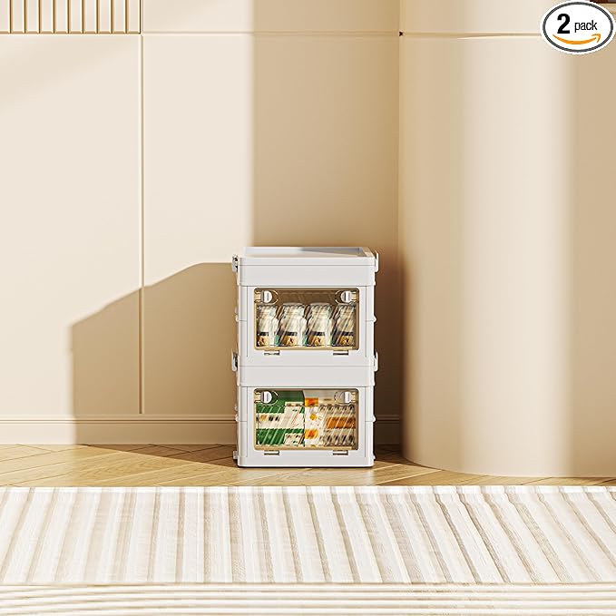 12 QT / 3 Gal Foldable Storage Cabinet with Clear Double Doors Organizer, Transparent Front & Back, Pull to Setup, Rolling Storage Bin for Closet/Living Room