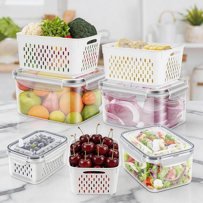 4Pack Fruit Storage Container for Fridge with Removable Colander and Vent | 8 Pieces BPA Free Kitchen Refrigerator Organizers Plastic Fruit Containers for Fridge for Fruit Berry Salad Lettuce