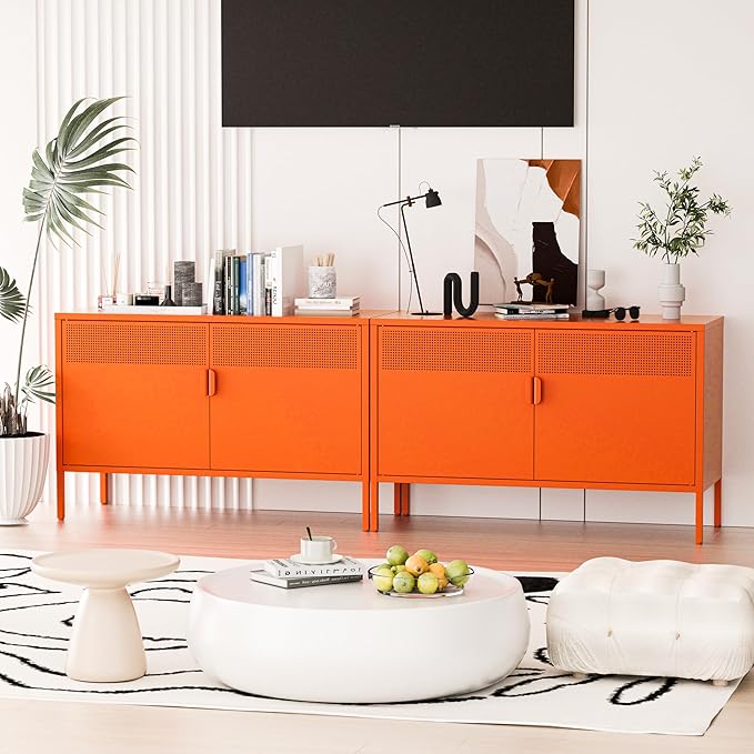 Washsemba 2 Door Accent Cabinet,Orange Metal Storage Cabinet with Adjustable Shelf,2-Tier Shelf,Multipurpose Metal Locker Storage for Office Home,Music Studio (Orange)